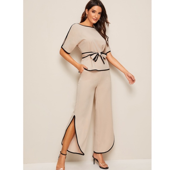 Contrast Trim 2 Piece Belted Pants Suit - Picture 3 of 9